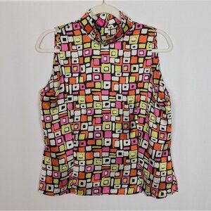 Vintage 90s LINDA HUTTON 100% Silk Geometric Button-Up Back Mock Neck Shirt Top